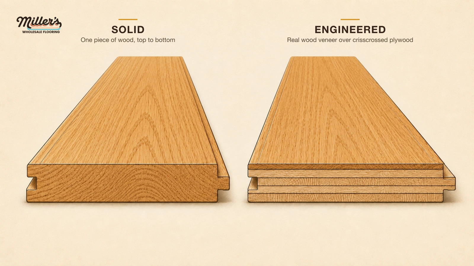 Two oak flooring planks shown end on side by side, labeled Solid and Engineered: the solid plank on the left is milled from one continuous piece of oak with a tongue and groove edge, and the engineered plank on the right shows a thin real oak veneer bonded over stacked crisscrossed plywood layers