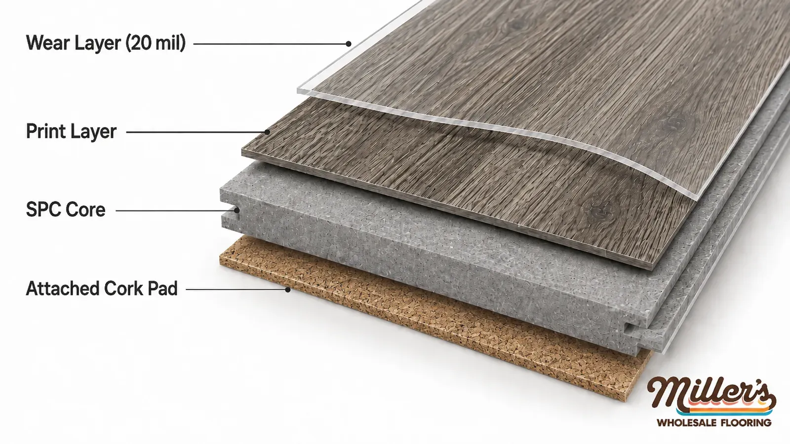 Cutaway diagram of an SPC luxury vinyl plank pulled apart into its four layers: a clear 20 mil wear layer, a gray-brown woodgrain print layer, a dense stone-plastic composite core, and an attached cork pad