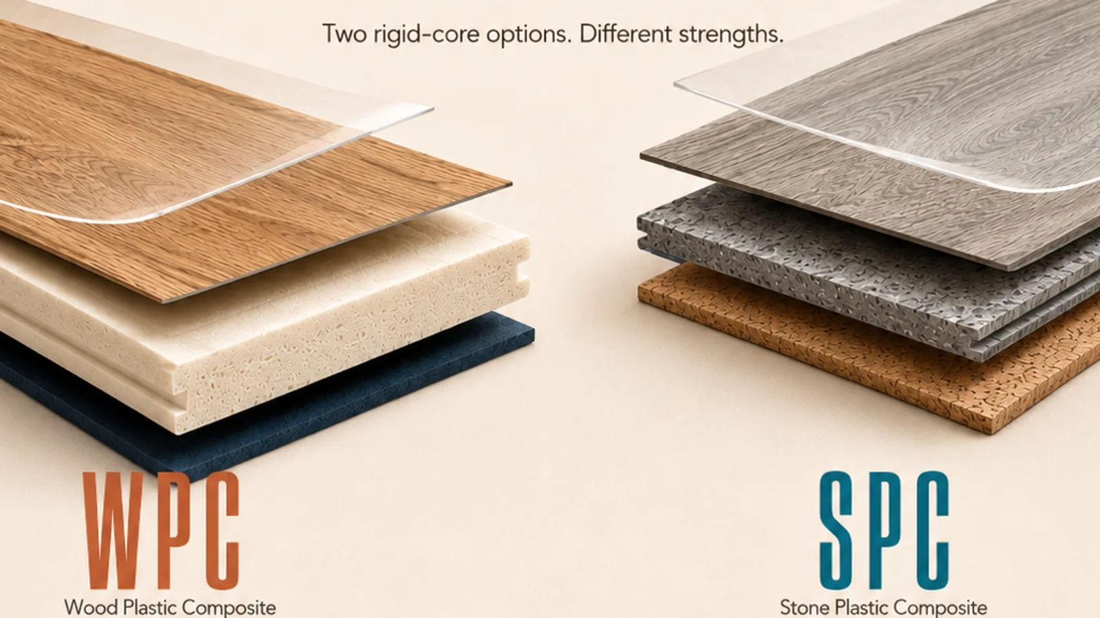 A WPC luxury vinyl plank and an SPC luxury vinyl plank side by side with their layers fanned apart: the WPC shows a thick cream foamed core under an oak surface, the SPC a thinner dense gray stone core under a driftwood-gray surface