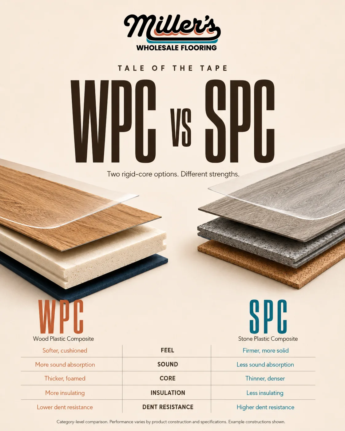 Tale of the tape comparison of WPC and SPC luxury vinyl plank: two exploded plank stacks over a five-row table comparing feel, sound, core, insulation, and dent resistance, with WPC softer, quieter, thicker, and more insulating, and SPC firmer, denser, and more dent resistant